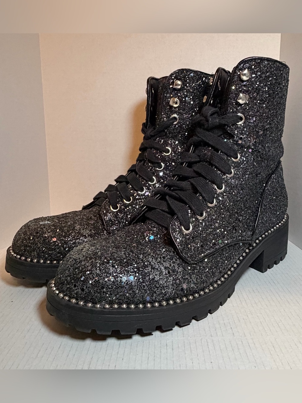 Portland Boot Company Combat Boots Women’s 8M Black Glitter Goth Punk Y2K
